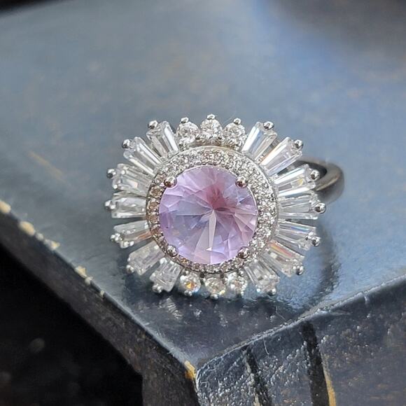 Rhodium Plated Simulated Pink Amethyst Ring - Size 7.5 - Radiant Sunburst Design - Picture 1 of 6